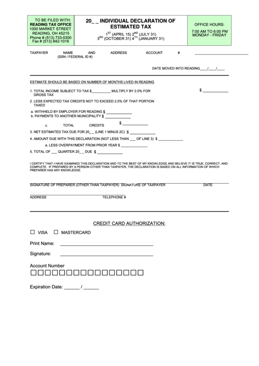 Individual Declaration Of Estimated Tax - Ohio Printable pdf