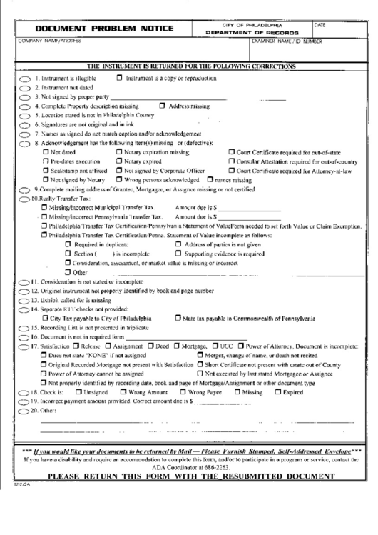 Document Problem Notice Form Printable pdf