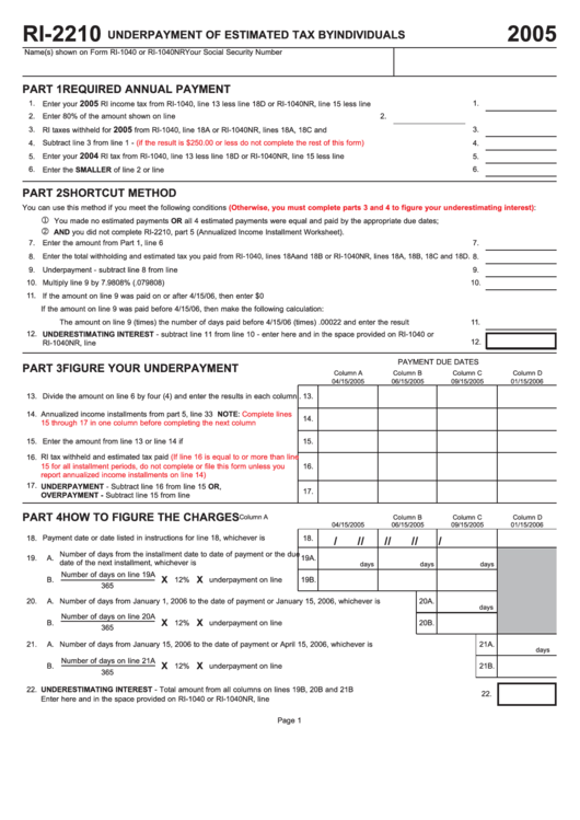 Form Ri-2210 - Underpayment Of Estimated Tax By Individuals - 2005 Printable pdf