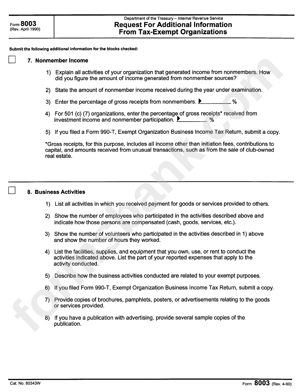 Form 8003 - Request For Additional Information From Tax-Exempt Organizations - Department Of The Treasury - Internal Revenue Service