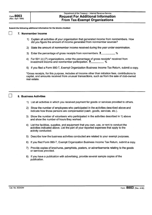 Form 8003 - Request For Additional Information From Tax-Exempt Organizations - Department Of The Treasury - Internal Revenue Service Printable pdf