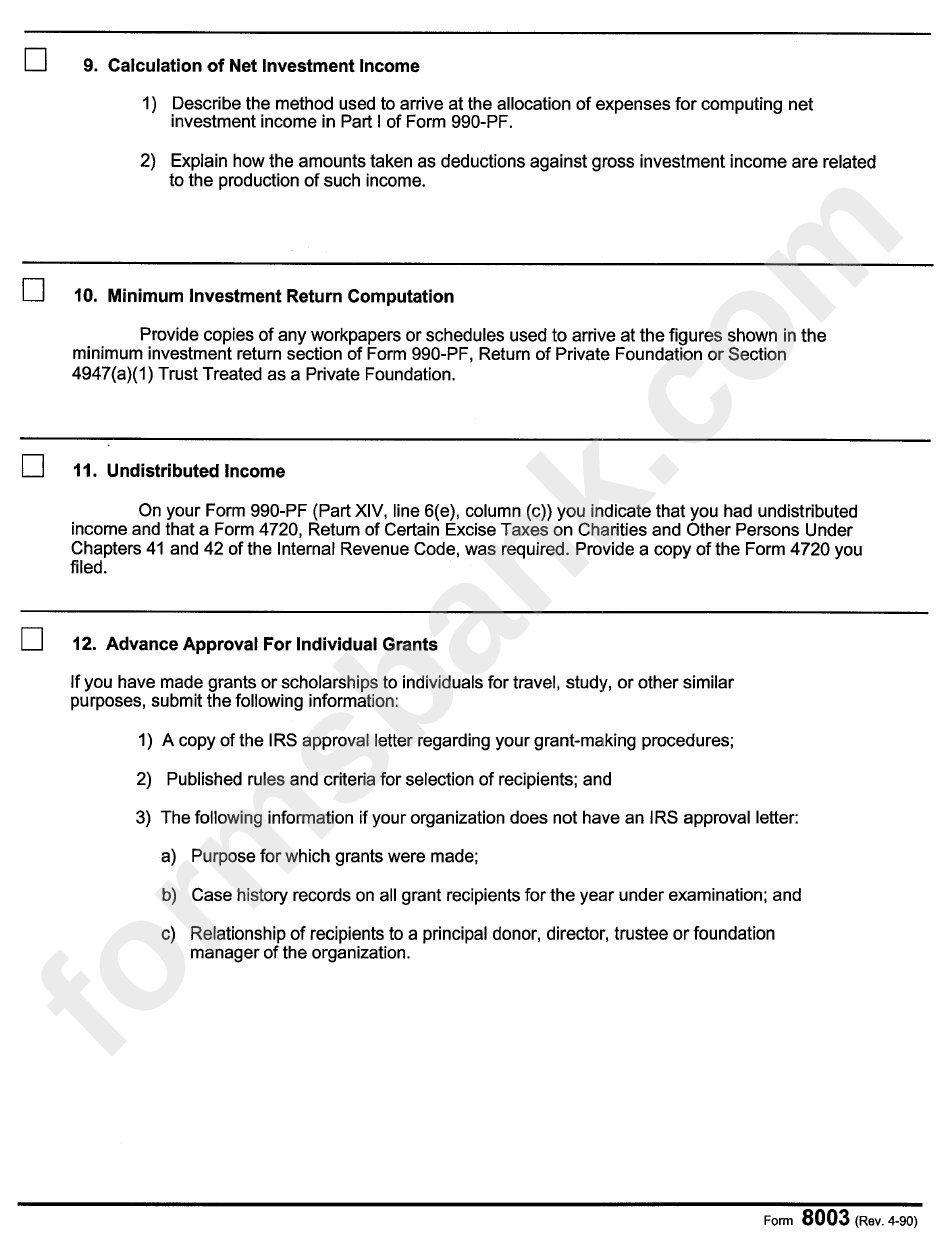 Form 8003 - Request For Additional Information From Tax-Exempt Organizations - Department Of The Treasury - Internal Revenue Service