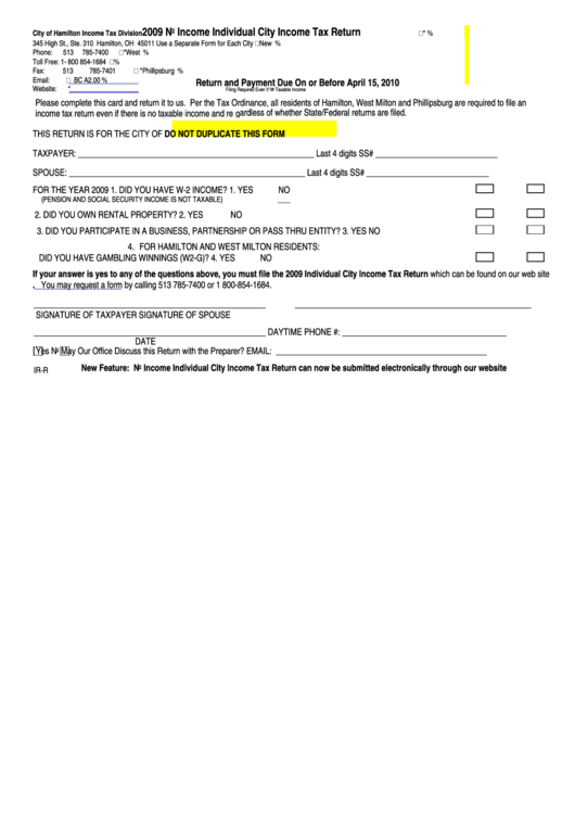 Form Ir-R - Individual No Income Return - 2009 Printable pdf