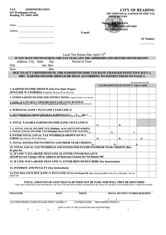 2007 Individual Earned Income Tax Final Return - City Of Reading Printable pdf