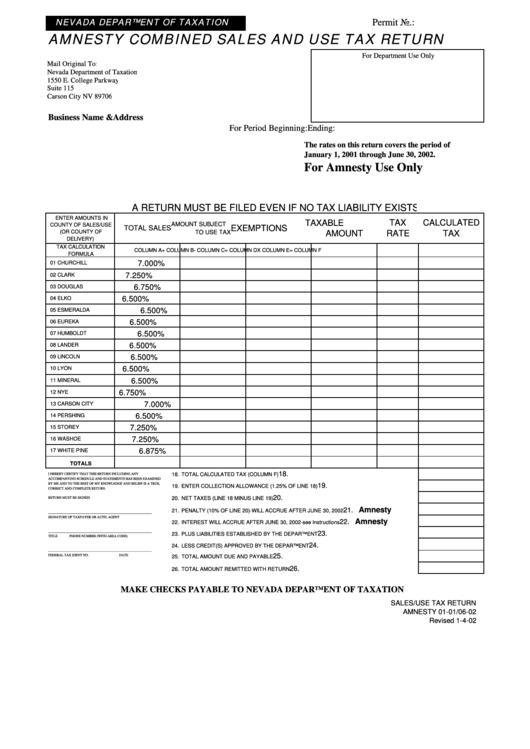 Amnesty Combined Sales And Use Tax Return Form Printable pdf