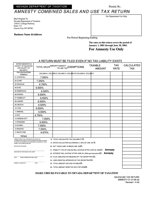 Amnesty Combined Sales And Use Tax Return Form Printable Pdf Download