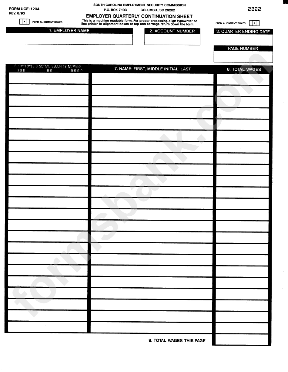 Form Uce-120a - Employer Quarterly Continuation Sheet