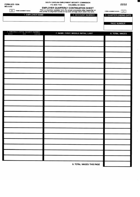 Form Uce-120a - Employer Quarterly Continuation Sheet Printable pdf