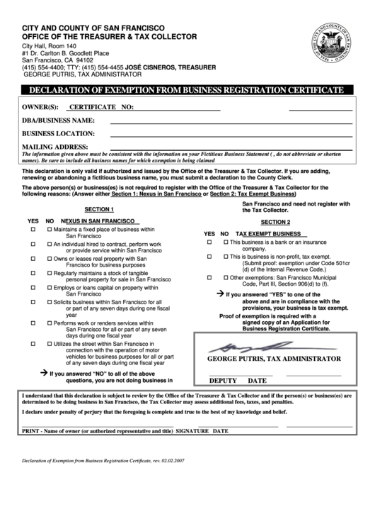 Declaration Of Exemption From Business Registration Certificate - City Of County Of Can Francisco Printable pdf