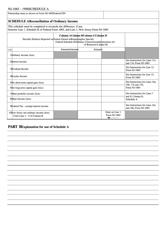 Fillable Form Nj-1065 - Schedule A - Reconciliation Of Ordinary Income - 1998 Printable pdf