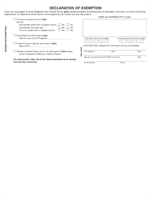 Declaration Of Exemption Form - 2009 - North Rijeville City Income Tax Department Printable pdf
