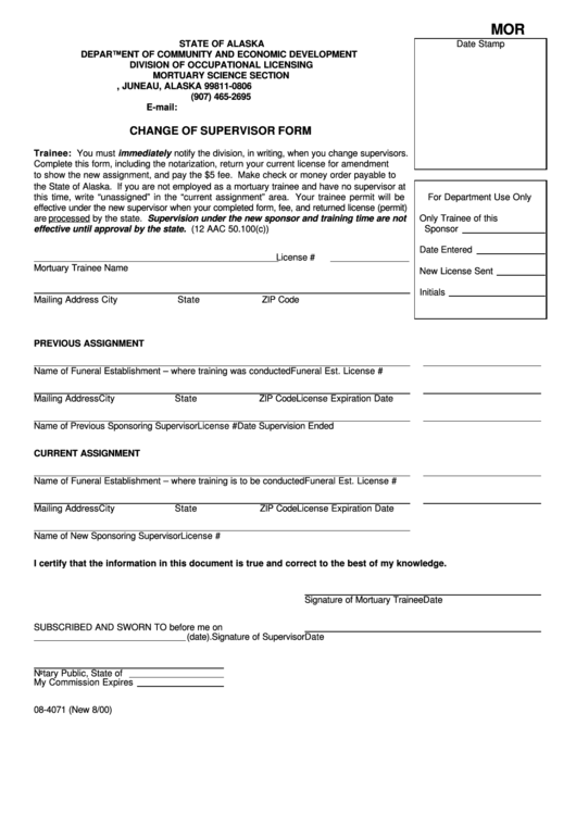 Fillable Form 08-4071 - Change Of Supervisor Form - State Of Alaska Department Of Community And Economic Development Printable pdf