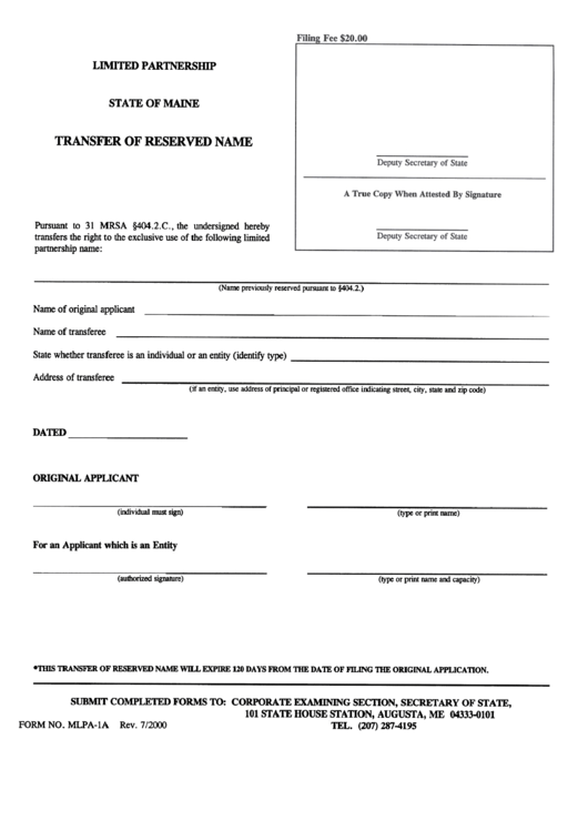 Form Mlpa-1a - Form For Transfer Of Reserved Name - Lp Printable pdf