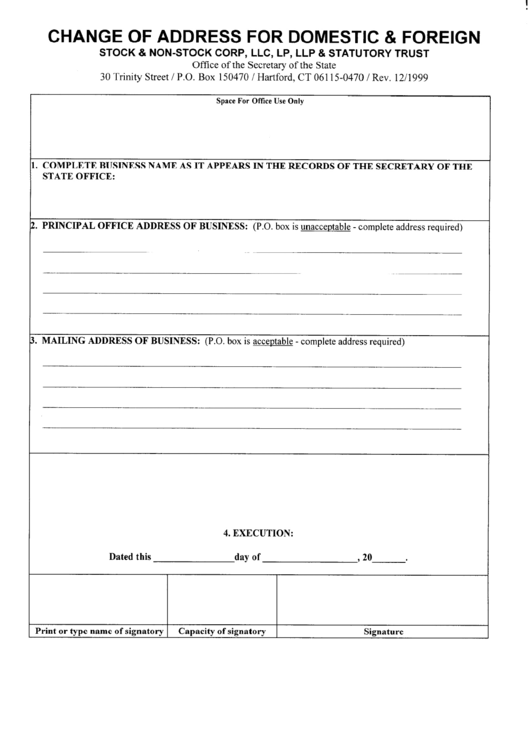 Change Of Address For Domestic & Foreign Form - Connecticut Secretary Of State Printable pdf