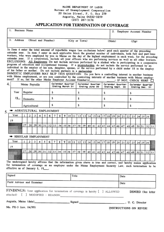 Form Me. Fx-3 - Application For Termination Of Coverage Form - Maine Department Of Labor Printable pdf