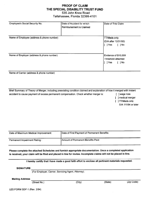 Les Form Sdf-1 - Proof Of Claim The Special Disability Trust Fund - Florida Printable pdf
