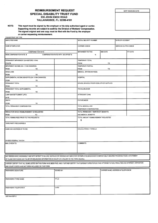 Reimbursement Request Form - Special Disability Trust Fund - Florida Printable pdf