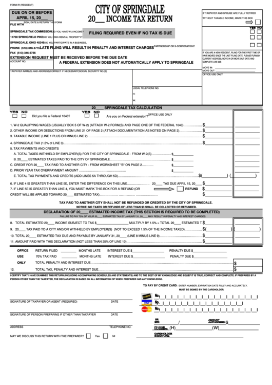 Form Ir - Income Tax Return - City Of Springdale Printable pdf