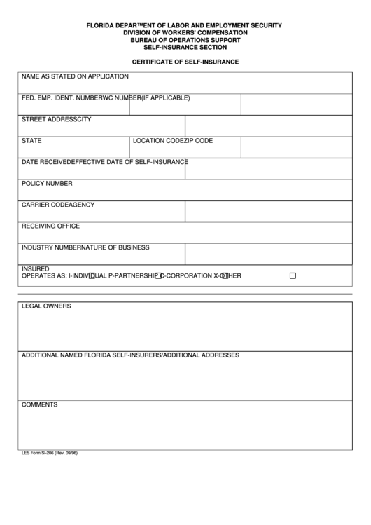 Les Form Si-206 - Certificate Of Self-Insurance - Florida Department Of Labor And Employment Security Printable pdf