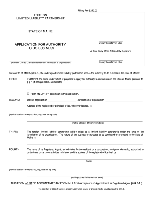 Form Mllp-12 - Application For Authority To Do Business - 2001 Printable pdf