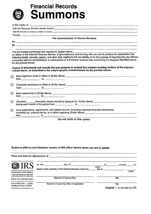 Form 6639 - Financial Records Summons Printable pdf