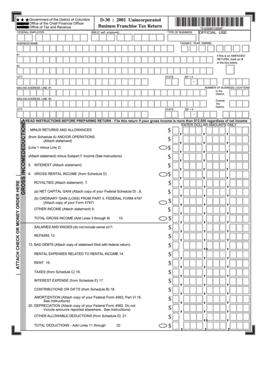 Form D-30 - Unincorporated Business Franchise Tax Return - 2001 Printable pdf