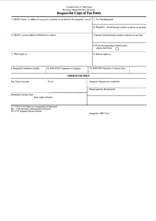 Request For Copy Of Tax Form - Comptroller Of Maryland Printable pdf