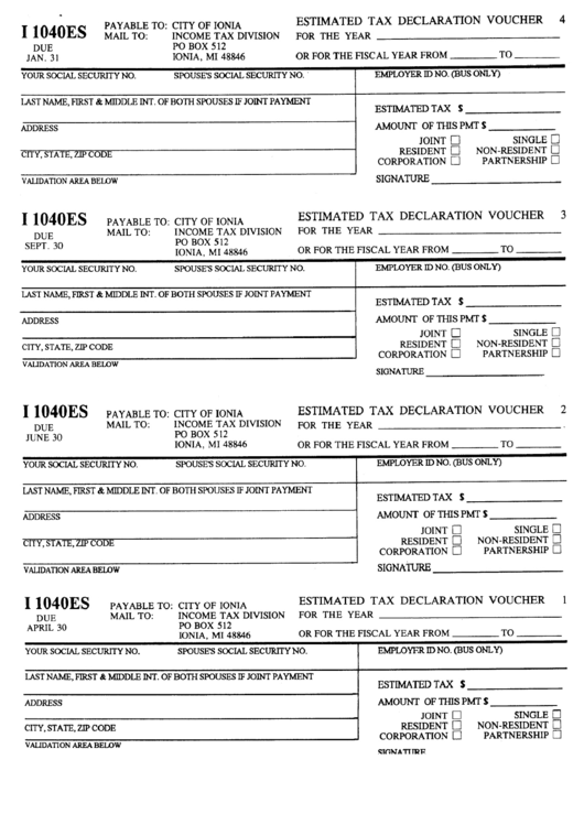 Form I 1040es - Estimated Tax Declaration Voucher - City Of Ionia, Michigan Income Tax Division Printable pdf