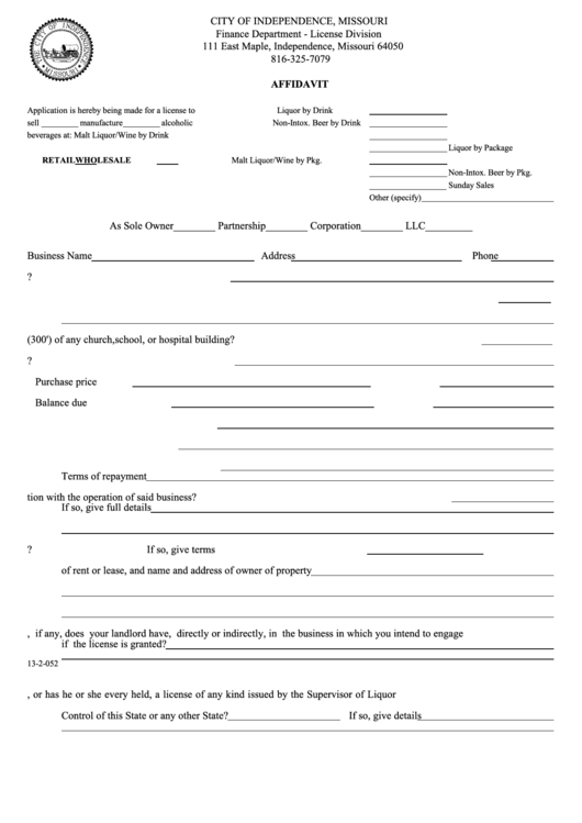 Affidavit Form - City Of Independence, Missouri Finance Department Printable pdf