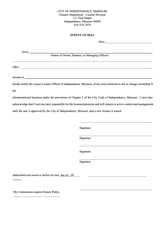 Intent To Sell Form - City Of Independence, Missouri Finance Department Printable pdf