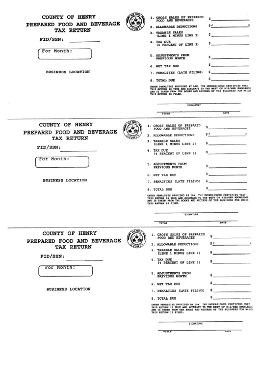 Prepared Food And Beverage Tax Return -County Of Henry Printable pdf