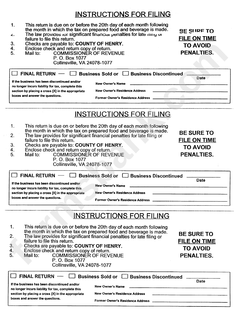 Prepared Food And Beverage Tax Return -County Of Henry