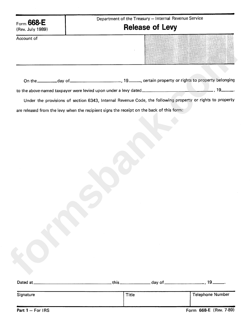 Form 668-E - Release Of Levy - Department Of The Treasury