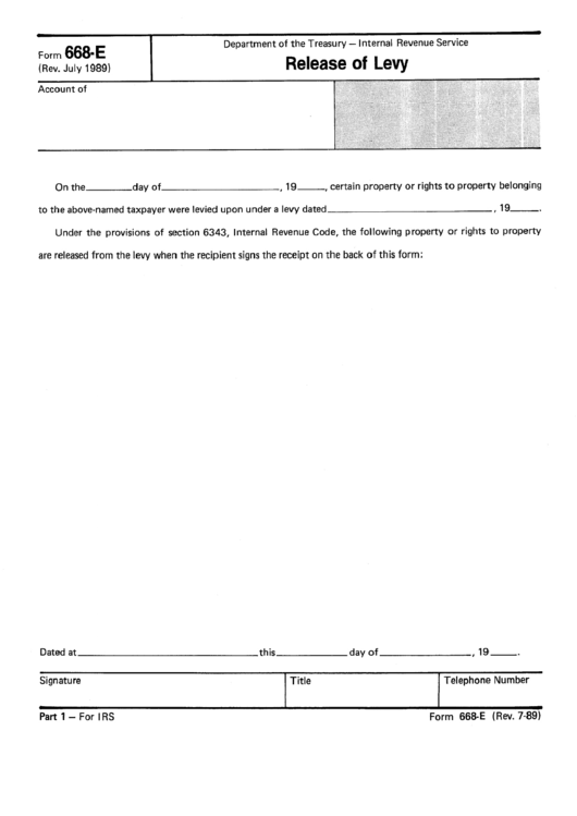 Form 668-E - Release Of Levy - Department Of The Treasury Printable pdf