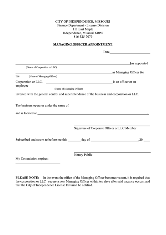 Managing Officer Appointment Form - City Of Independence, Missouri Finance Department Printable pdf