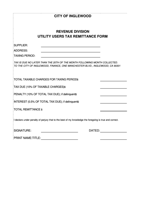 Utility Users Tax Remittance Form - City Of Inglewood Revenue Division Printable pdf