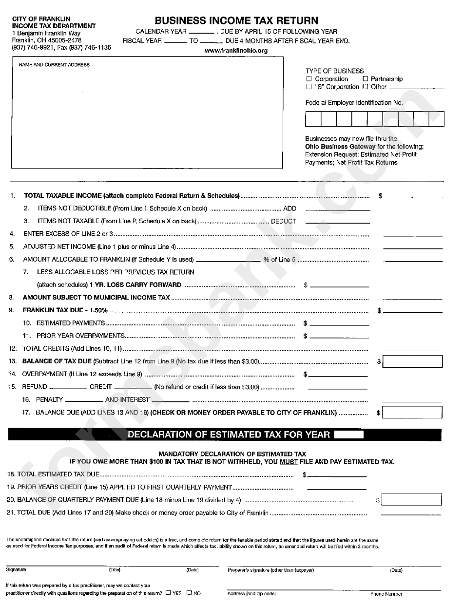 Business Income Tax Return - City Of Franklin