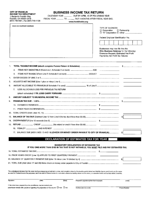 Business Income Tax Return - City Of Franklin Printable pdf