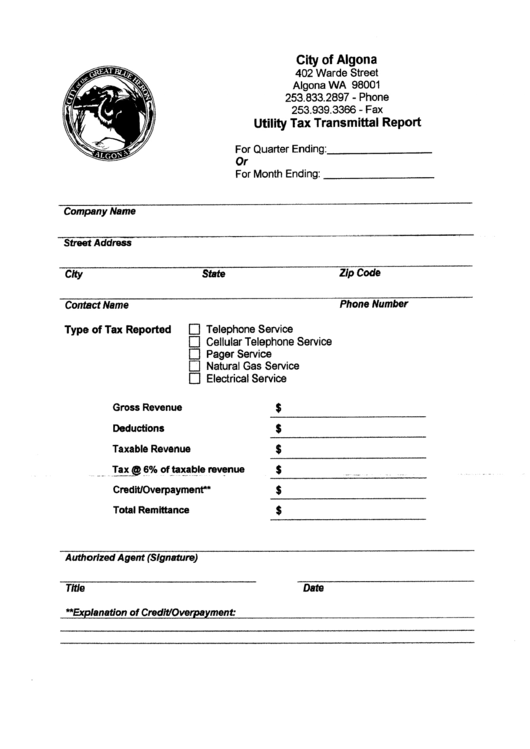 Utility Tax Transmittal Report Form - City Of Algona Printable pdf