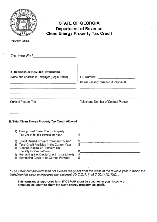 Clean Energy Property Tax Credit Form - Georgia Department Of Revenue Printable pdf