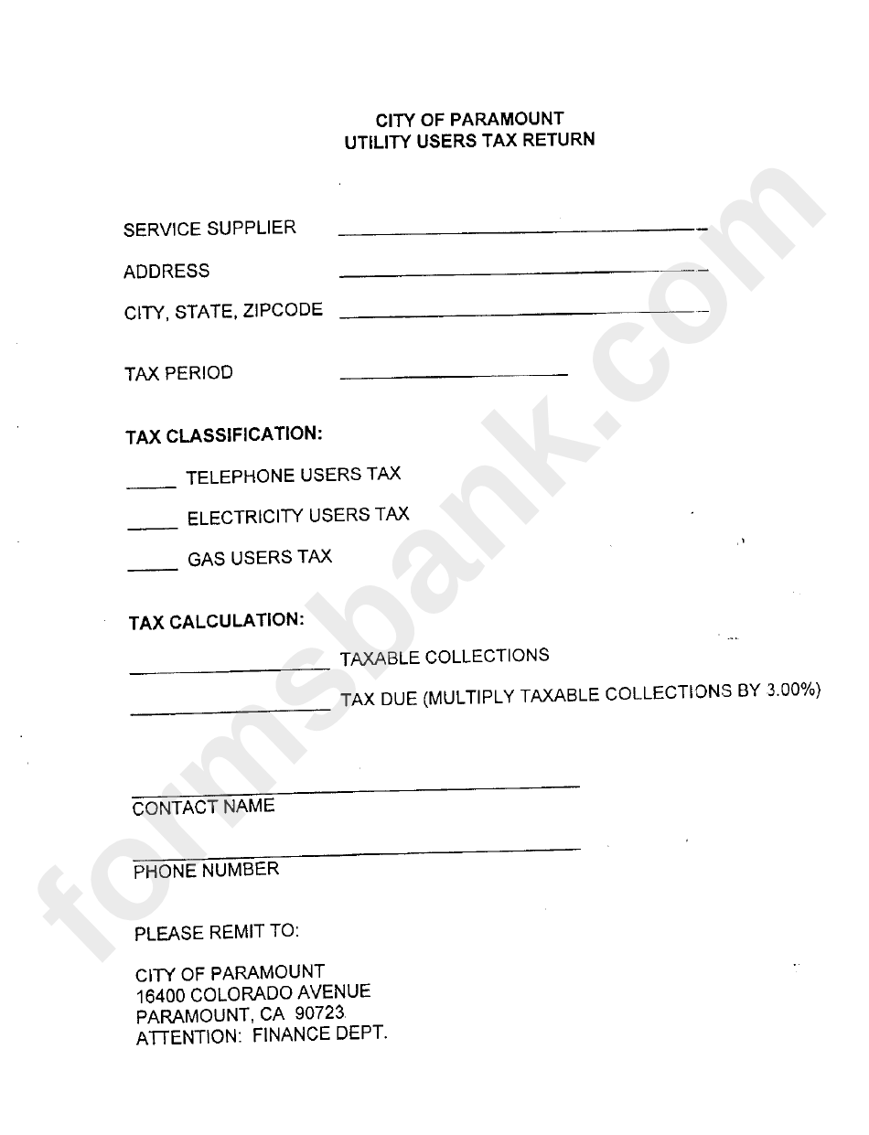Utility Users Tax Return Form - City Of Paramount, California