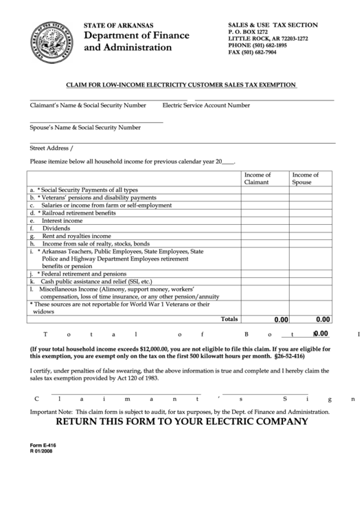 Fillable Form E-416 - Claim For Low-Income Electricity Customer Sales Tax Exemption - Arkansas Department Of Finance And Administration Printable pdf