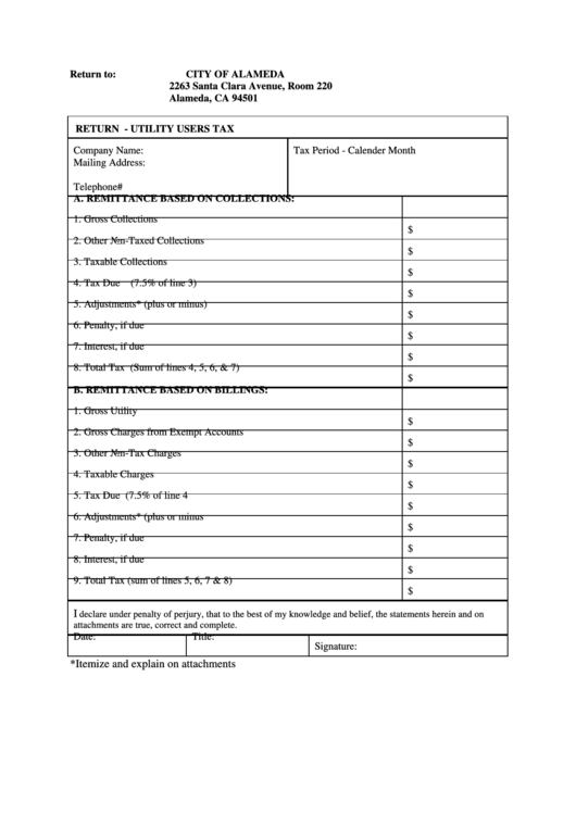 Return - Utility Users Tax Form - City Of Alameda Printable pdf