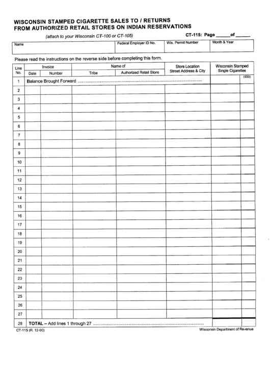 Form Ct-115 - Form For Stamped Cigarette Sales To / Returns From Authorized Retail Sores On Indian Reservations Printable pdf