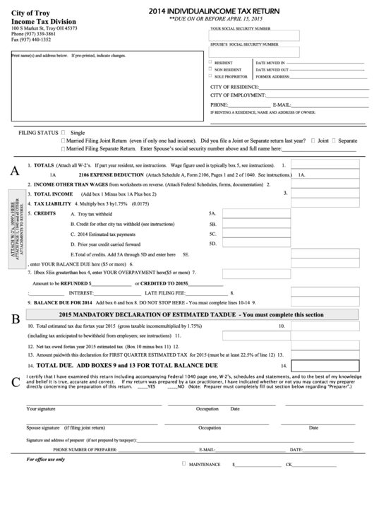 Fillable 2014 Individual Income Tax Return - City Of Troy Income Tax ...