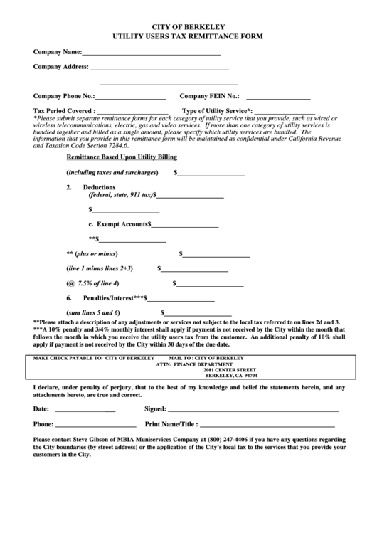 Utility Users Tax Remittance Form City Of Berkeley printable pdf download