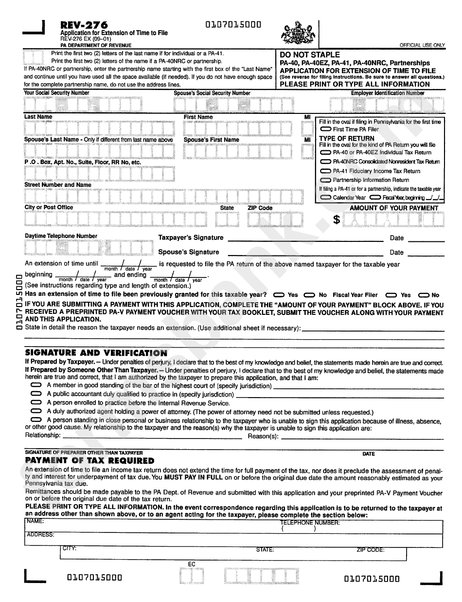 Form Rev-276 - Application Form For Extension Of Time To File