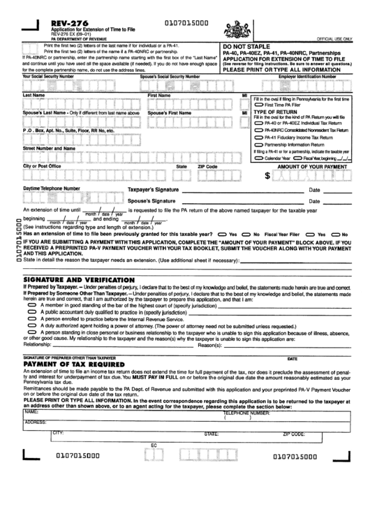 Form Rev-276 - Application Form For Extension Of Time To File Printable pdf