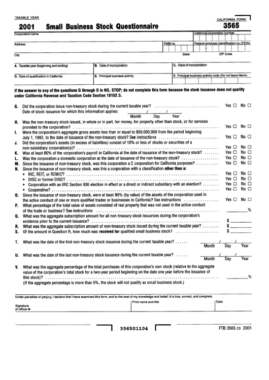 Form 3565 - Small Business Stock Questionnaire Printable pdf