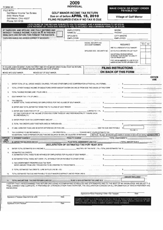 Form Ir - Golf Manor Income Tax Return - 2009 Printable pdf